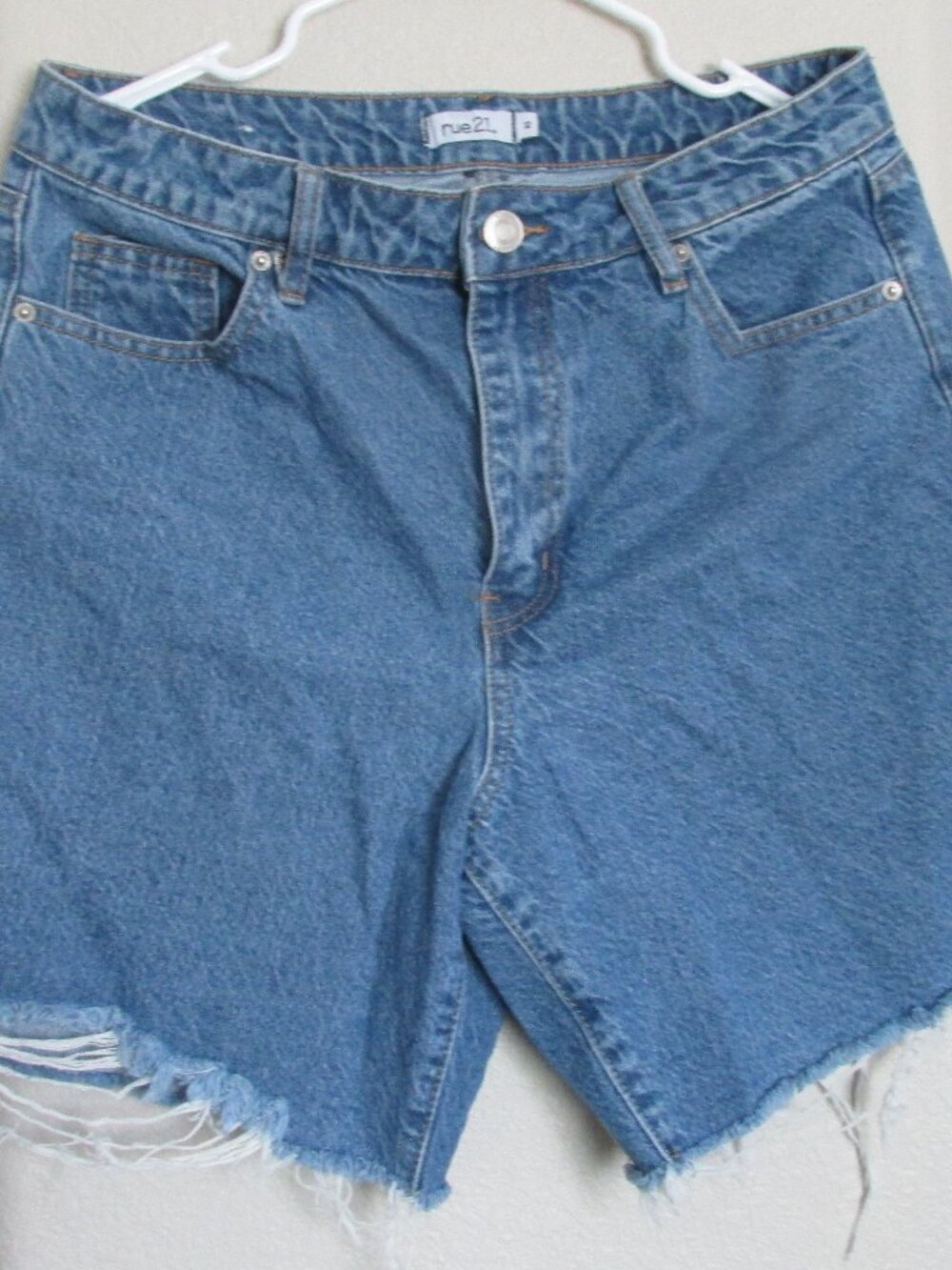 Rue 21 Zip Up High Waisted Jean‎ Shorts Womens Size 12 Blue Frayed Raw Hem Denim